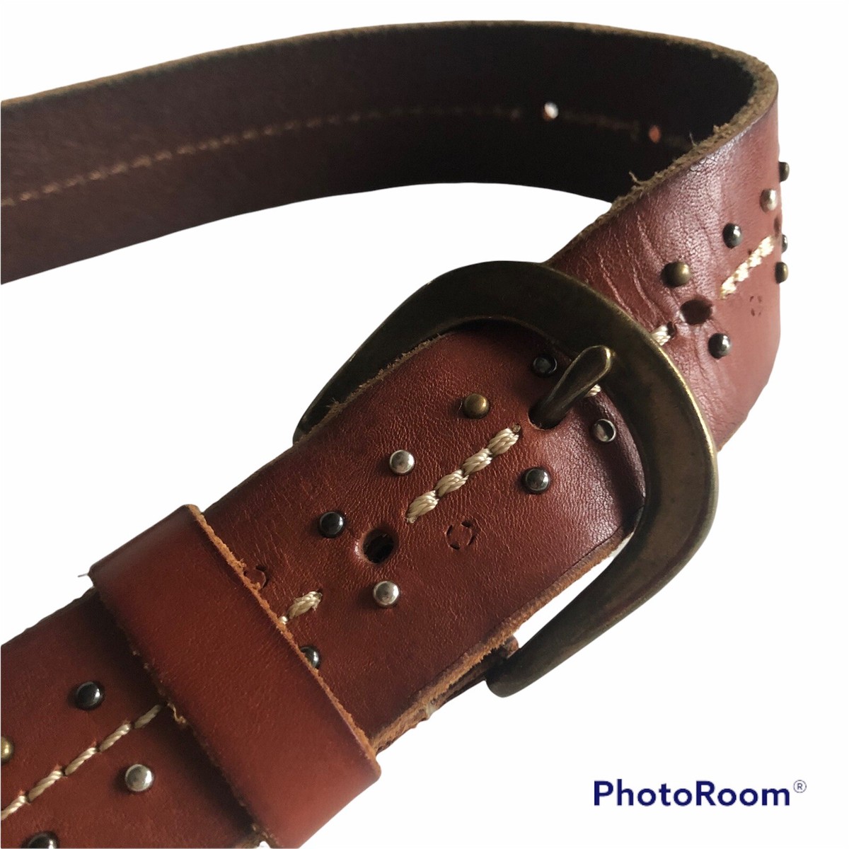 American Eagle Vintage Distressed Genuine Leather Brass Studded Belt Size S/P American Eagle Embossed Leather Belt - Cellar Leather main image 3