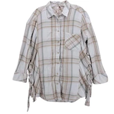 FREE PEOPLE Nordic Day Top Shirt Lace Up Sides Double Layer Fabric Plaid SMALL