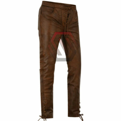 Mens Real High Quality Cowboy Style Brown Leather Waxed Pant Jeans Trousers Cuir