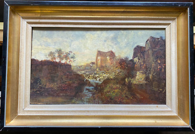 ::OIL PAINTING CIRCA 1890 STREAM LANDSCAPE WITH VILLAGE AND ESTATE ON THE EDGE OF THE FOREST