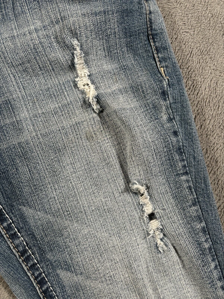 Pantalones de mezclilla Jade para mujer 5/6 azules ajustados rectos desgastados tiro bajo solapa bolsillo 27x31 Foto 2 de 4