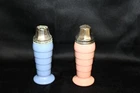 (KC) VTG 1930s Hazel Atlas® Milk Glass Platonite Blue/Pink Salt & Pepper Shakers