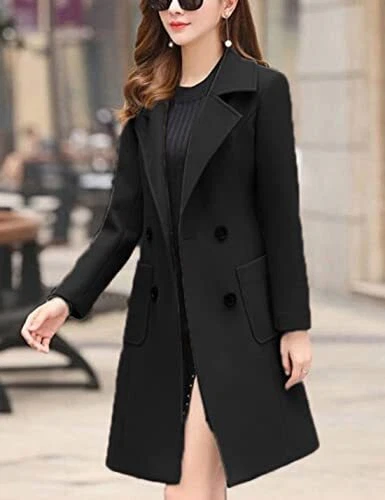 Women Winter Wool Blend Camel Mid Long Coat Notch Double Breasted Medium Black