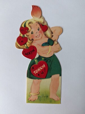 Vintage Cute Die Cut Valentine Chubby Blonde Girl Torch