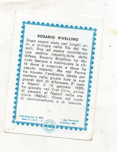 FIGURINA CALCIATORI MIRA 1964-65 RIVELLINO PARMA BORDI LARGHI MAI ATTACCATA - Picture 2 of 2