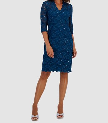 Connected Women Blue Teal 3/4-Sleeve Lace Sheath Dress Size 10 | eBay