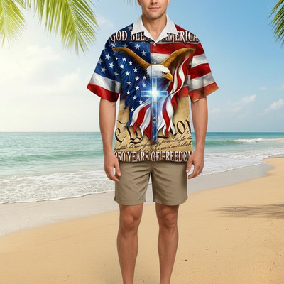 USA 250th Anniversary Hawaiian Shirt Patriotic Eagle Tee God Bless America 250 Y