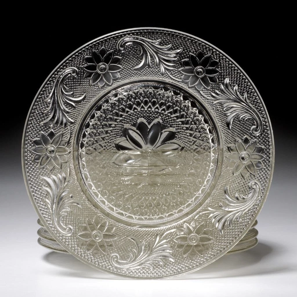Tiara Indiana Pressed Sandwich Clear Glass Daisy Scroll Salad Plate 12p Lot 8.5"