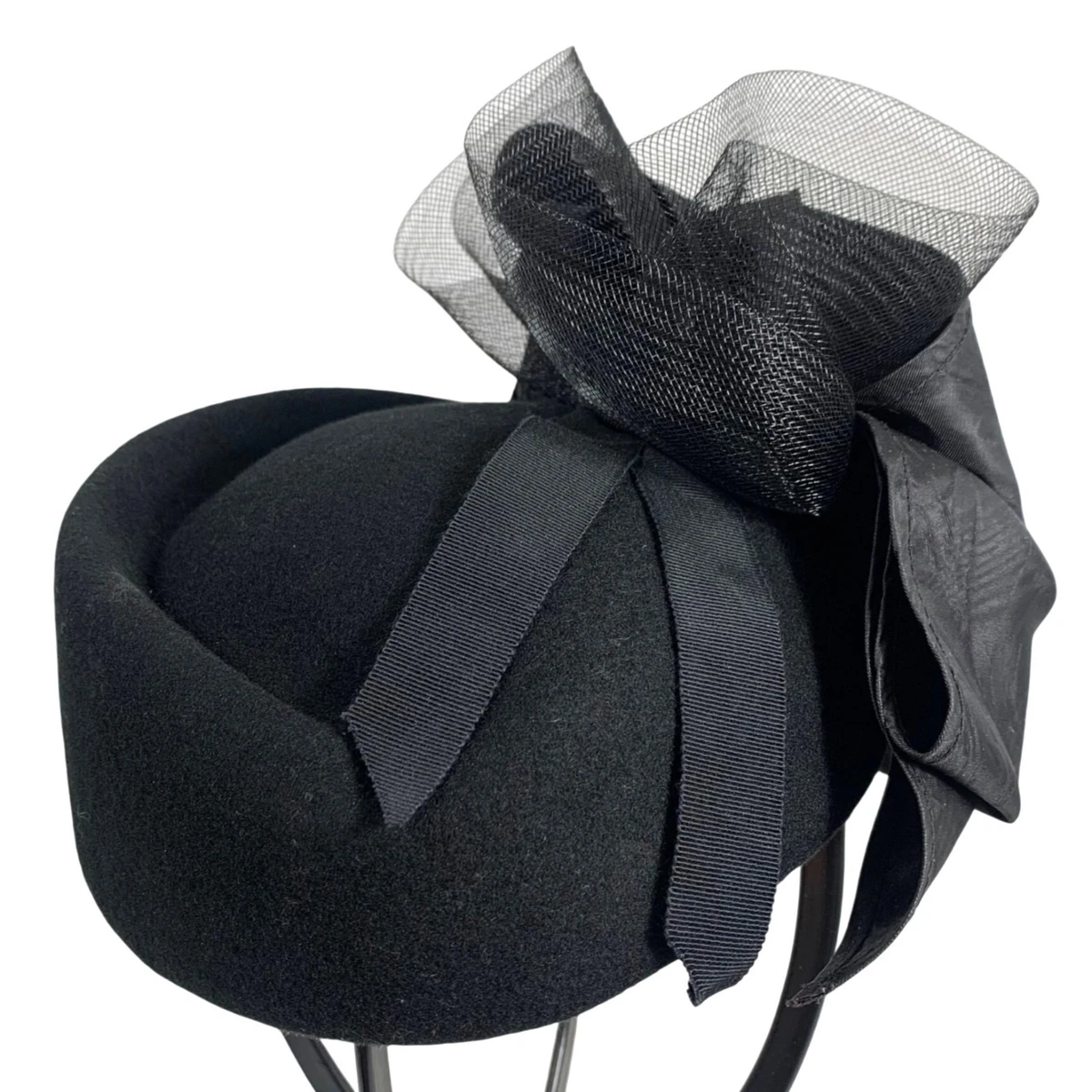 Black Womens Mesh Formal Pillbox Hat With Bow & Netting Elegant Vintage Style Pillbox Hat With Net VEIL and mesh bow with rhinestones  main image 2