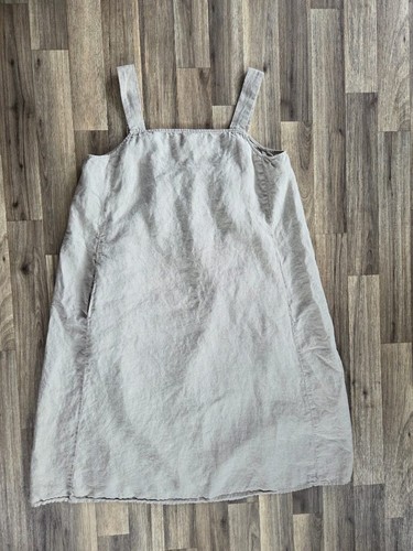 Eileen Fisher 100% Organic Linen Dress M Smocked Lagenlook Boho Sleeveless Beige