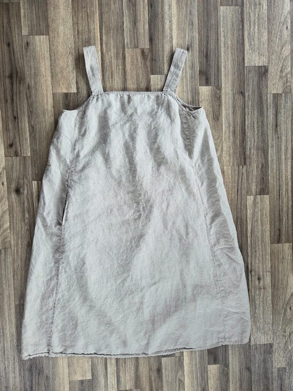 Eileen Fisher 100% Organic Linen Dress M Smocked Lagenlook Boho Sleeveless Beige