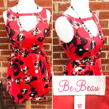 Ladies BE BEAU Red Dress Size 12 Floral Fit & Flare Spring Holiday Excellent L1