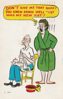 Vintage Postcard Humor Comic  Man changing diaper, That was my  new hat! 1953