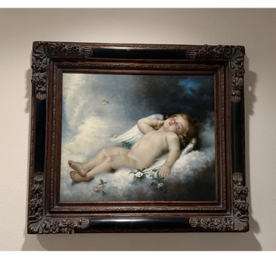 Framed Sleeping Cherub Angel in Clouds Landscape Paper Art Print, Single Piece