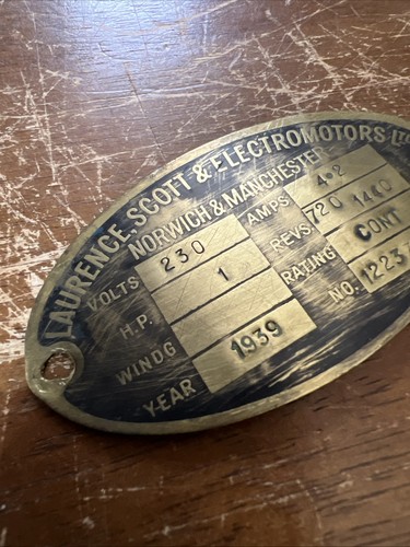 Vintage machine plate Plaque Advertising Sign Laurence Scott Electromotors 1939 - Picture 3 of 7
