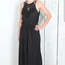 ULLA JOHNSON Miro Fringe Black Crochet Maxi Dress in Black Size 4