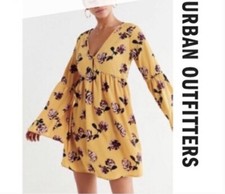 Urban Outfitters Dress Sz S Yellow Floral V-neck Bell Sleeve