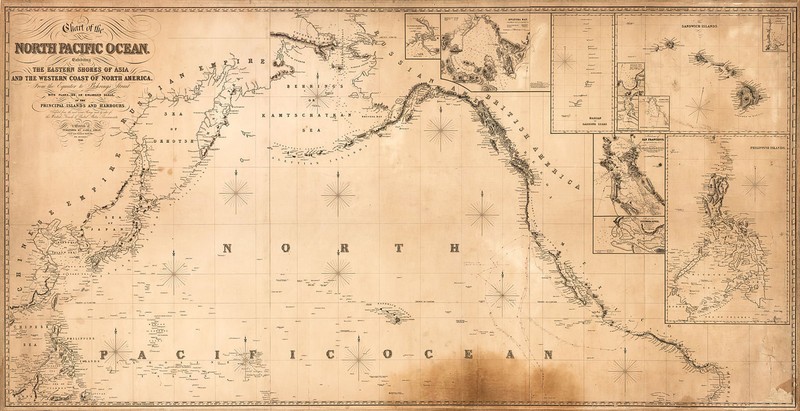 1849 Chart of the North Pacific Ocean U.S. Coastal Map Nautical Survey 8"x16"
