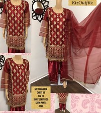 PAKISTANI INDIAN FANCY PARTY EMBROIDERED TRENDY KAMEEZ SILK PANT 3PC SMALL