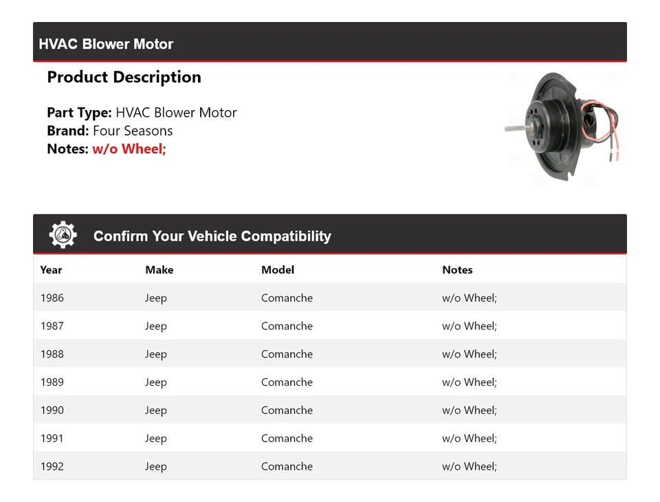 For 1986-1992 Jeep Comanche HVAC Blower Motor 4 Seasons 1987 1988 1989 1990 1991 - Image 2 of 4