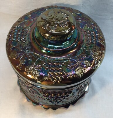 Fenton Amethyst Carnival Grape & Cable Tobacco Jar Rose Presnick