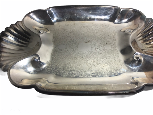 Vtg Silver-Plate Long Engraved Serving Shrimp Platter Tray with Shell Handles - Picture 4 of 10