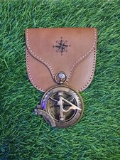 Nautical brass sundial pocket compass with leather case vintage gift.