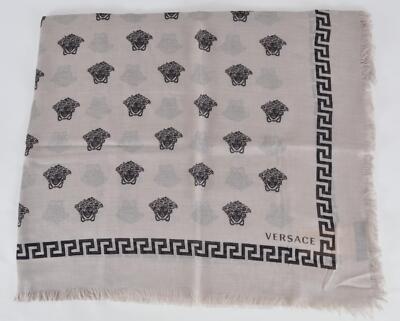 NEW Versace $350 Beige Black Modal Silk MEDUSA HEAD Greek Key