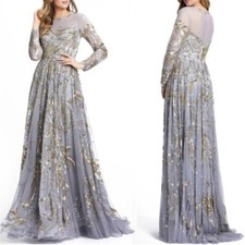 Mac Duggal Long Sleeve Embellished Illusion Evening Gown NWT Platinum Gold 5217