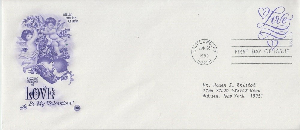 1999 #U644 33c Love Stamped FDC Envelope to Auburn NY w Art Craft Cachet Gem