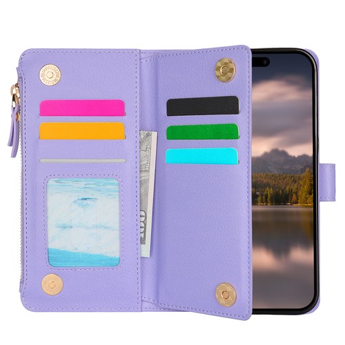 For iPhone 16 15 14 13 Pro Max XR X SE Leather Zip Wallet Strap Case Flip Cover - Picture 37 of 45