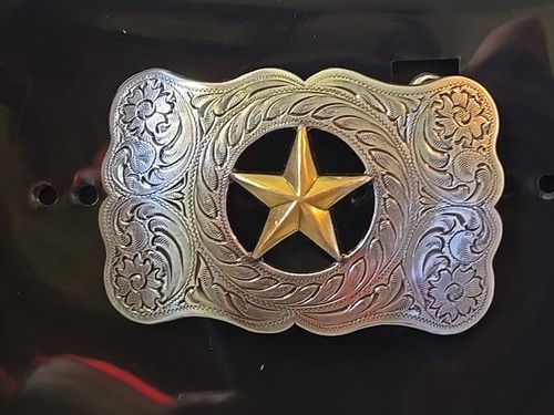 Vtg Lone Star Western Cutout Two Tone Ornate Belt Buckle Brass Star By Nocona - Picture 4 of 13