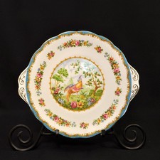 Royal Albert Cake Plate 2 Handled 9.875" Chelsea Bird Blue Multicolor Gold 1940s