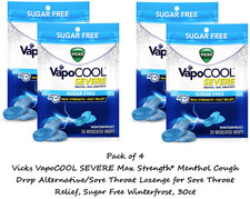 4 xVicks VapoCool Severe Sugar Free Menthol Drops Medicine for Sore Throat 30 Ct
