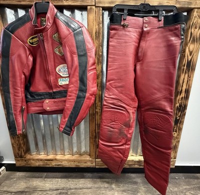 Vintage Vanson Leathers Yergeau NHRA Race Worn 2pc Suit Jacket Pants Red USA 40
