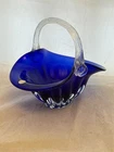 Vintage Glass Basket Hand Blown Cobalt Blue With Twisted Glass Handle