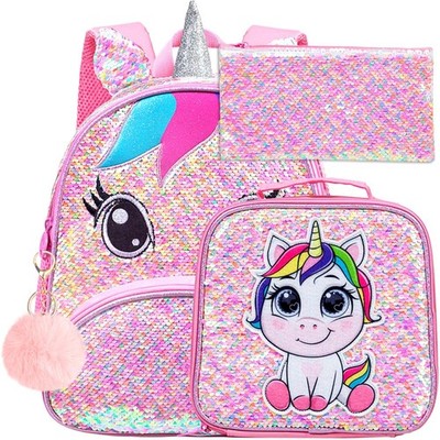 AGSDON 3PCS Unicorn Backpack for Girls, 12'' Toddler Sequin Preschool Bookbag ...