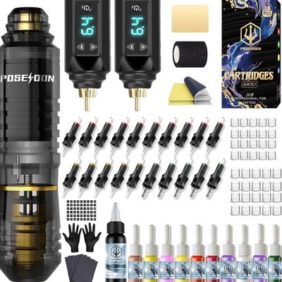 Akku Rotary Tattoo Machine Kit mit 20 Nadeln Tintenset 2 Akkus Starter-Set