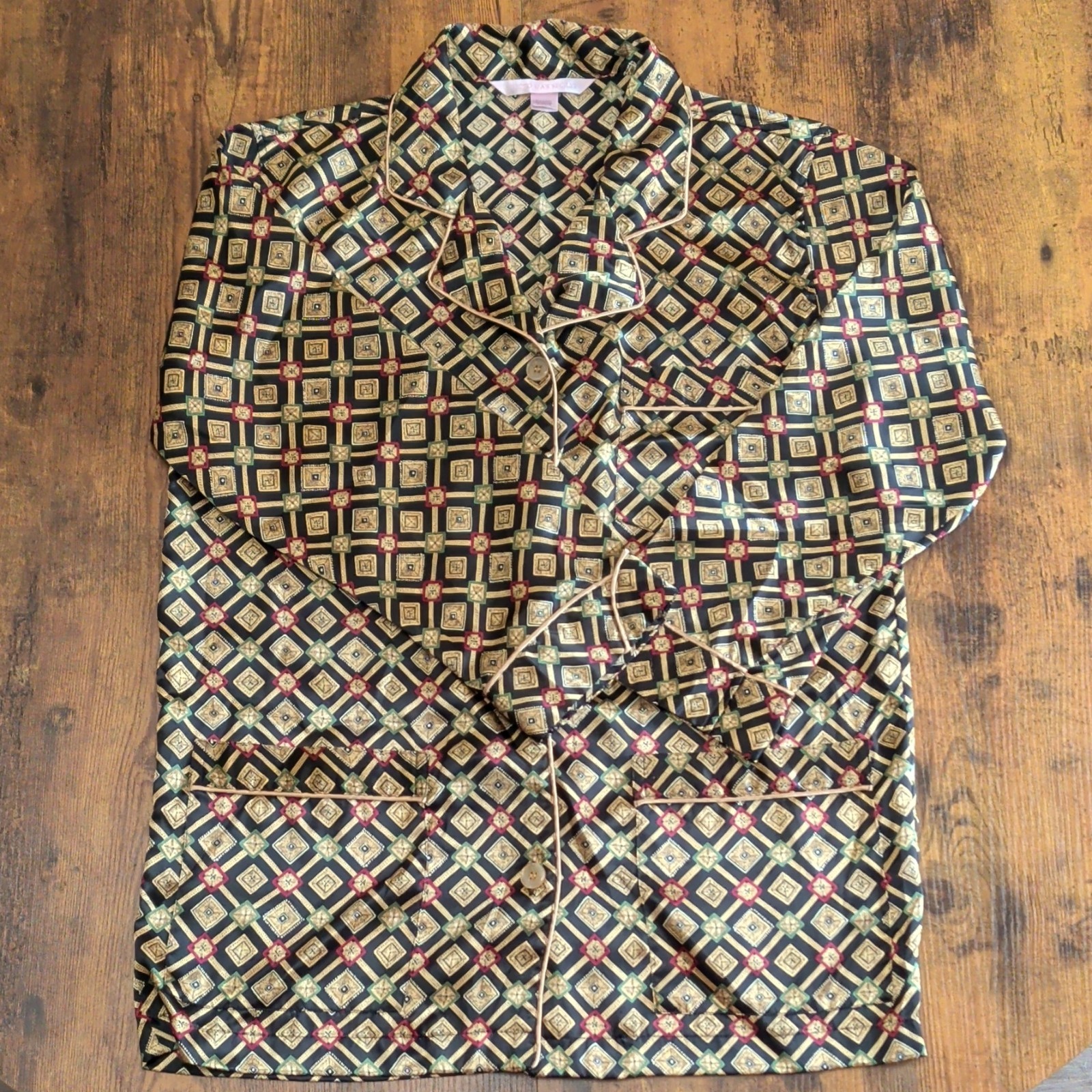 Victoria's Secret Satin Geometric Pajama Top Button Long Sleeve S Black Multi