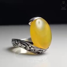 Authentic Yemeni Yellow Agate Ring for Women Genuine Aqeeq Stone Elegant Jewelry