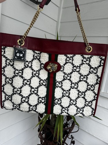 Gucci Rajah Large GG Tweed Tote Red Leather Tiger Head Chain Shoulder Bag