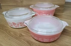 Vintage Pyrex Pink Gooseberry 3-Piece Stackable Casserole Set with Clear Lids