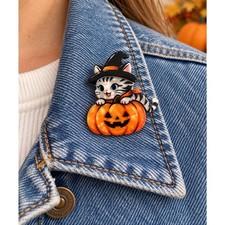 Halloween Cat Witch Pumpkin Brooch Pin Acrylic Jack O Lantern 2.48" New