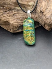 necklace Green And Gold Multicolor pendant fused glass  #1028