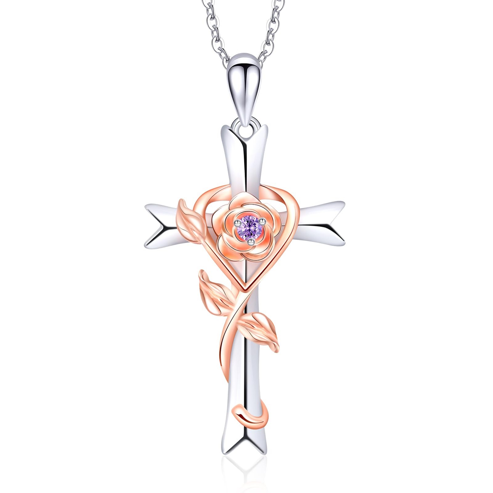 925 Sterling Silver Cross Feb Birthstone Necklace for Women Cross Rose Pendan...