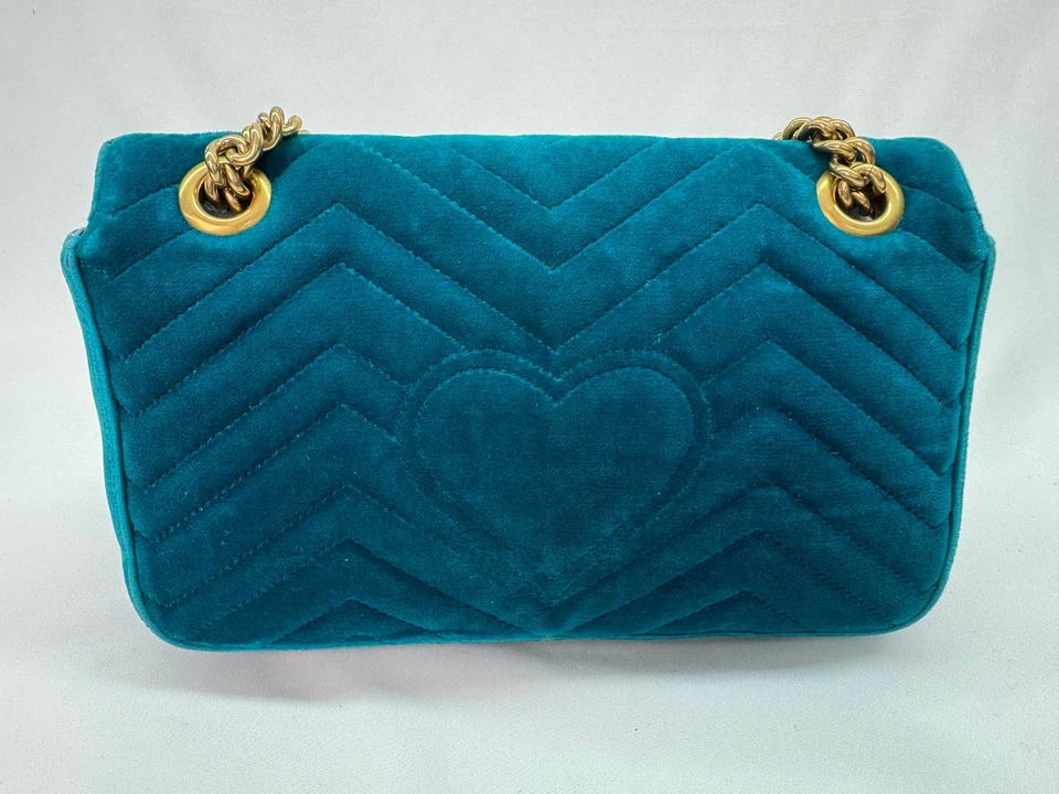 G09 Gucci Double G Marmont Mini Blue Velvet Shoulder Bag Messenger Bag - Image 2 of 4