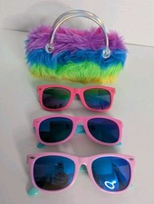 Set Of Three Girls Pink Mint Green Sunglasses With Colorful Fuzzy Rainbow Case