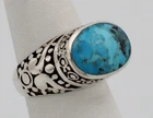 STERLING SILVER 925 OVAL TURQUOISE ORNATE SWIRL RING SIZE 7.75 VINTAGE