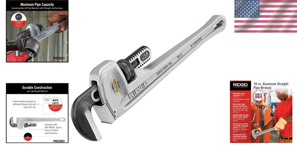 Professional 18-Inch Aluminum Straight Pipe Wrench - Easy Adjustment & Durable - Image 2 of 4