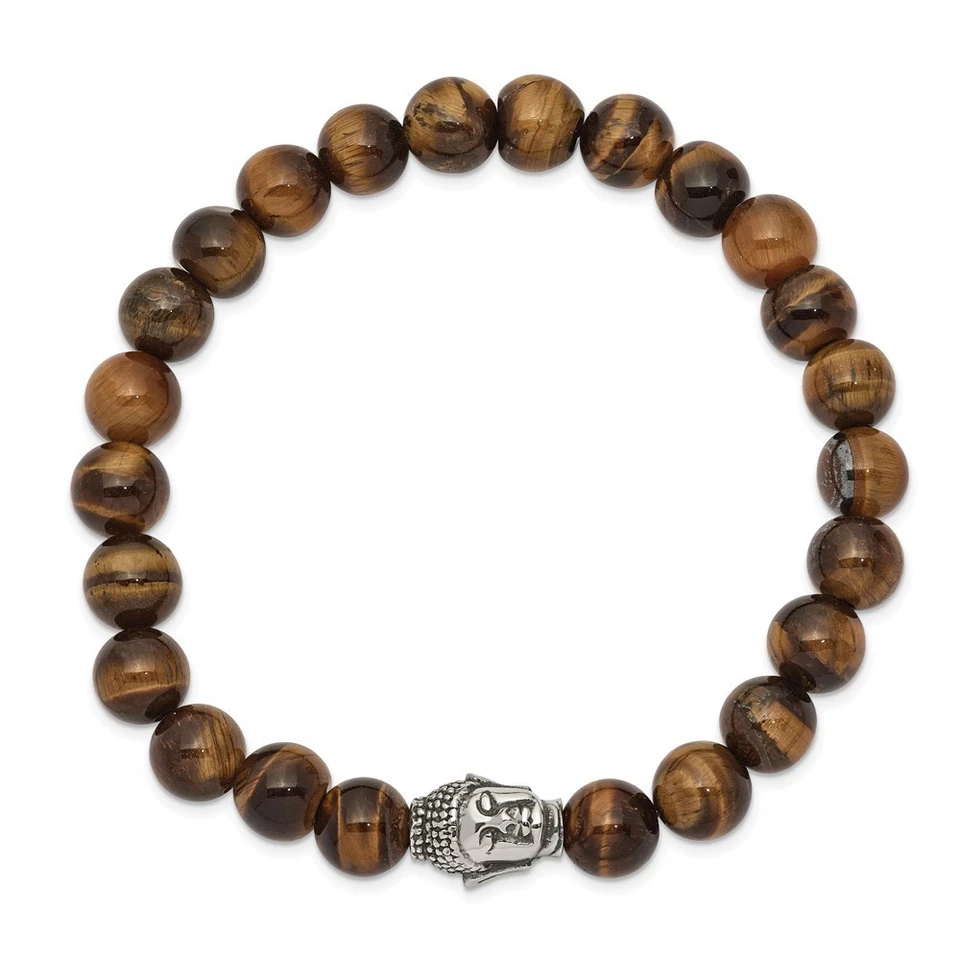 Pulsera elástica de acero inoxidable Buda de 8 mm ojo de tigre con cuentas de 7,25" para hombre Foto 2 de 4